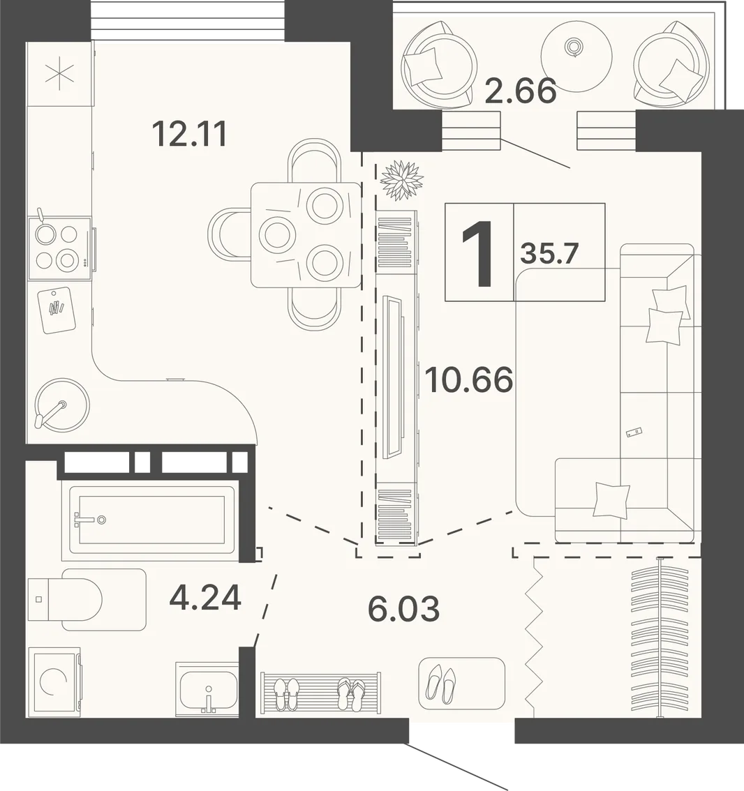 Планировка 1-комн. квартира, 35.7 м² ЖК «Светский лес»
