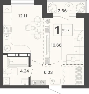 Планировка 1-комн. квартира, 35.7 м² ЖК «Светский лес»