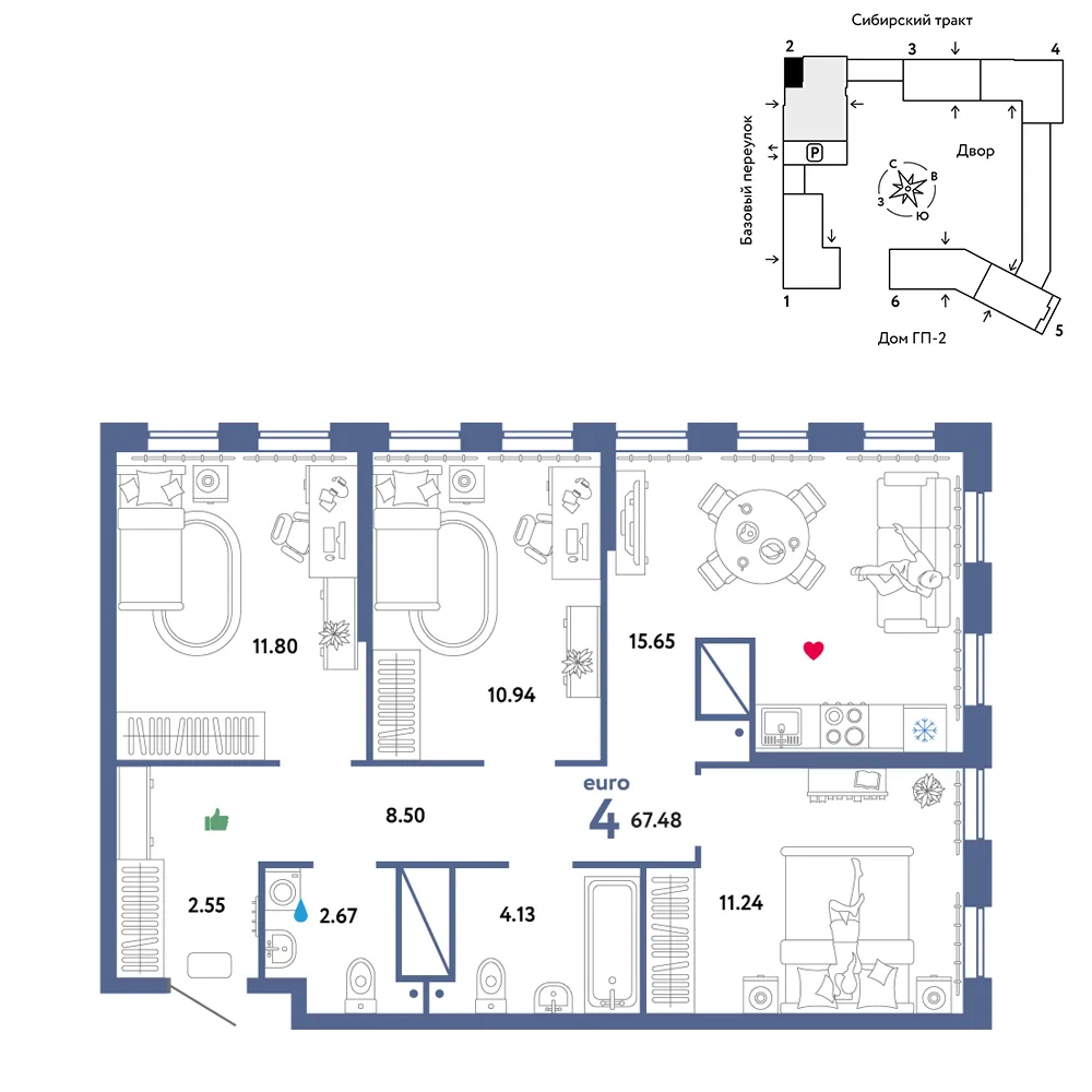 Планировка 4-комн. квартира, 67.48 м² ЖК «Сибирский сад»