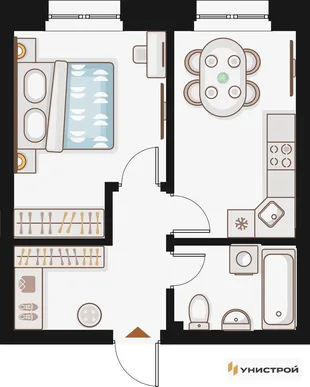 Планировка 1-комн. квартира, 36.24 м² ЖК «Жилой кластер Q на Кулагина»