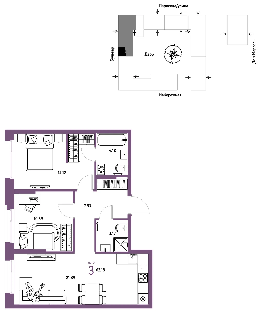Планировка 3-комн. квартира, 62.18 м² ЖК «Европейский берег 2.0»