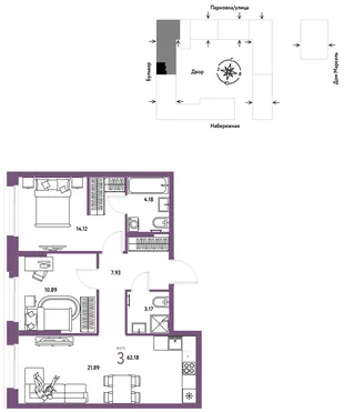 Планировка 3-комн. квартира, 62.18 м² ЖК «Европейский берег 2.0»