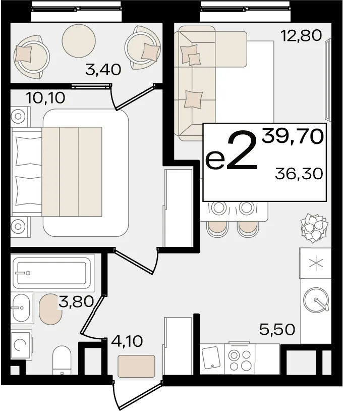 Планировка 2-комн. квартира, 39.7 м² ЖК «Патрики»