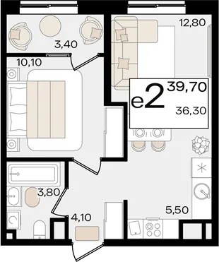Планировка 2-комн. квартира, 39.7 м² ЖК «Патрики»