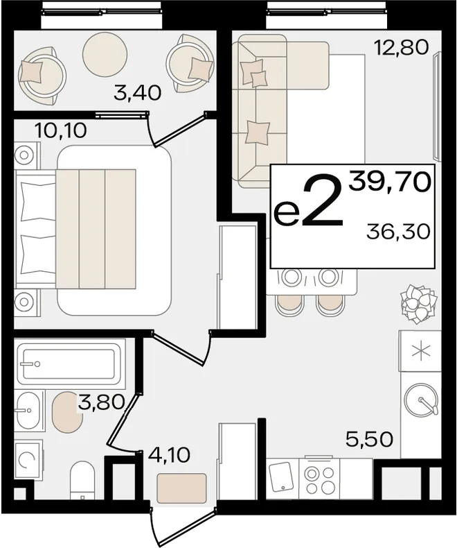 Планировка 2-комн. квартира, 39.7 м² ЖК «Патрики»