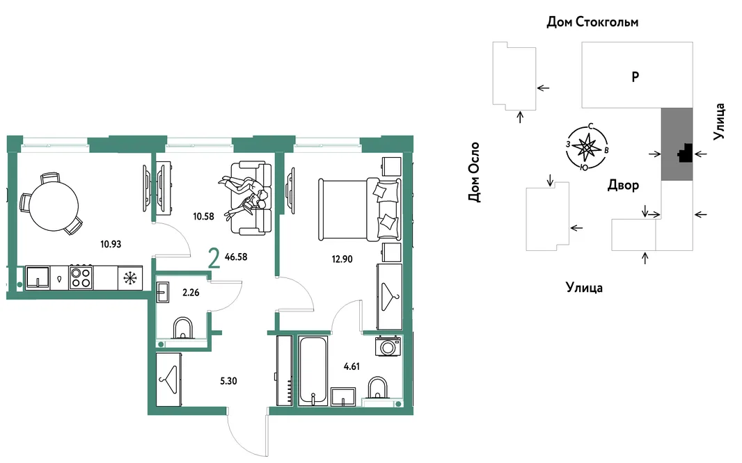 Планировка 2-комн. квартира, 46.58 м² ЖК «Европейский берег 2.0»