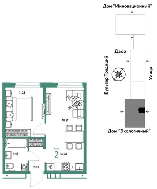 Планировка 2-комн. квартира, 36.98 м² ЖК «Микрорайон Домашний»