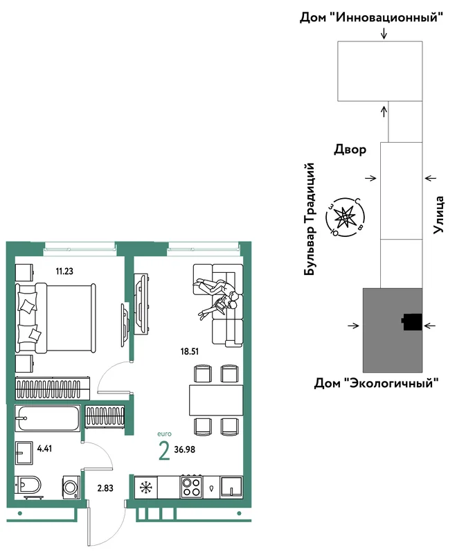Планировка 2-комн. квартира, 36.98 м² ЖК «Микрорайон Домашний» Планировка 2-комн. квартира, 36.98 м² ЖК «Микрорайон Домашний»