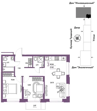 Планировка 3-комн. квартира, 60.66 м² ЖК «Микрорайон Домашний»