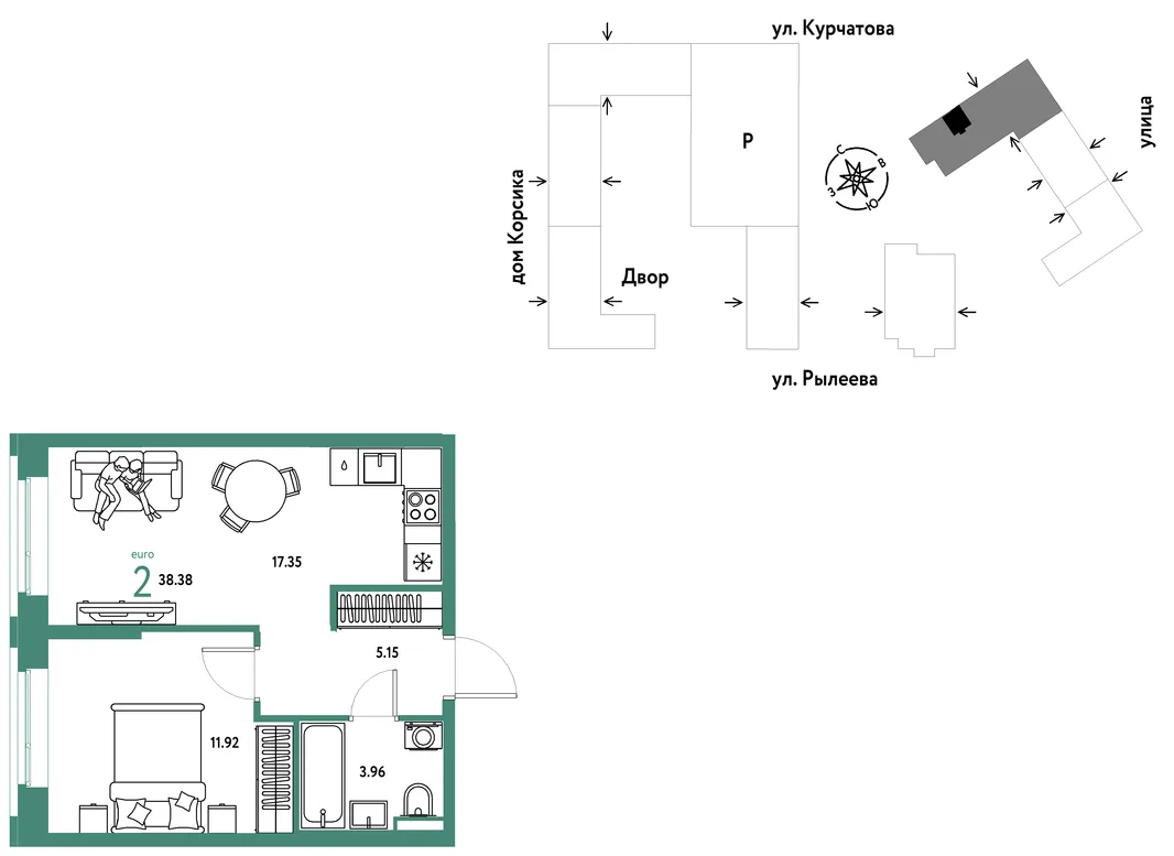 Планировка 2-комн. квартира, 38.71 м² ЖК «Остров-сад»