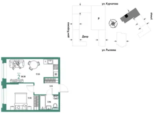 Планировка 2-комн. квартира, 38.71 м² ЖК «Остров-сад»