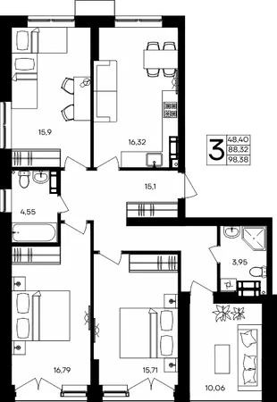 Планировка 3-комн. квартира, 98.38 м² ЖК «Семисчастье»