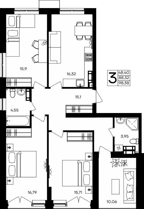 Планировка 3-комн. квартира, 98.38 м² ЖК «Семисчастье» Планировка 3-комн. квартира, 98.38 м² ЖК «Семисчастье»