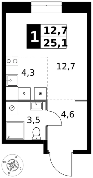 Квартира Студия, 25.1 м² ЖК «1-й Измайловский» Фото 1