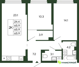 Планировка 2-комн. квартира, 65.9 м² ЖК «Парковый квартал 2.0»