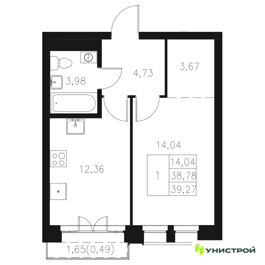 Планировка 1-комн. квартира, 39.27 м² ЖК «Statum»