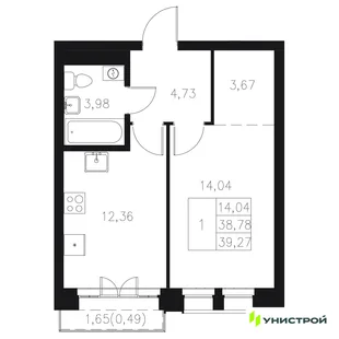 Планировка 1-комн. квартира, 39.27 м² ЖК «Statum»