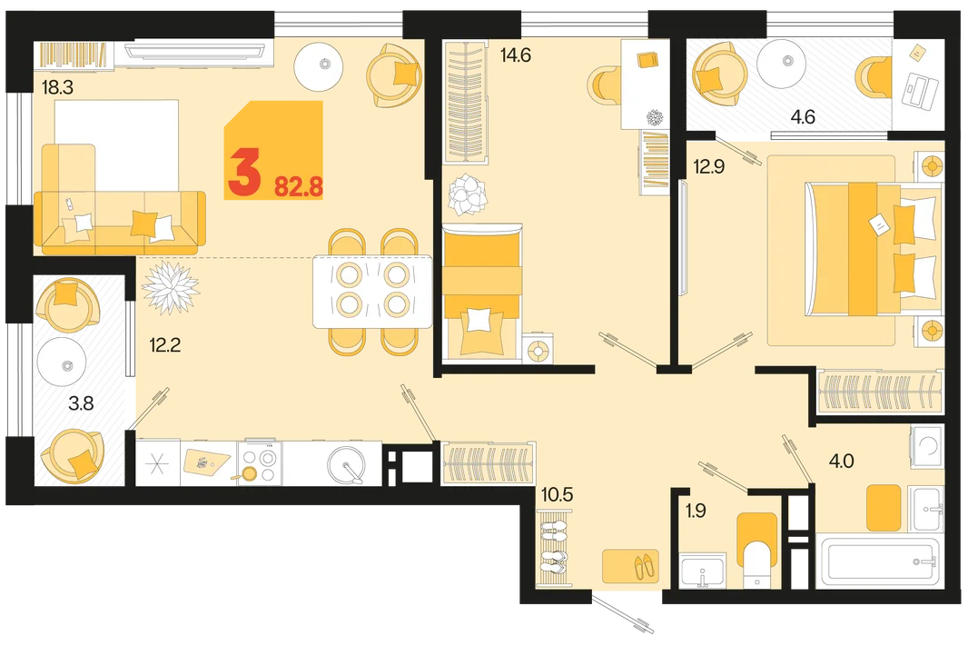 Планировка 3-комн. квартира, 82.8 м² ЖК «Первое место»