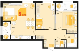 Планировка 3-комн. квартира, 82.8 м² ЖК «Первое место»
