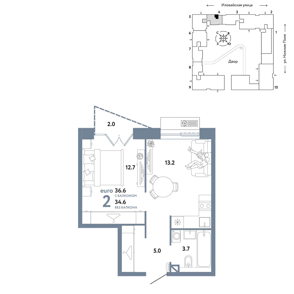 Планировка 2-комн. квартира, 36.6 м² ЖК «Страна.Заречная»