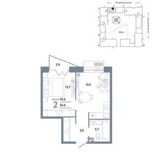 Планировка 2-комн. квартира, 36.6 м² ЖК «Страна.Заречная»