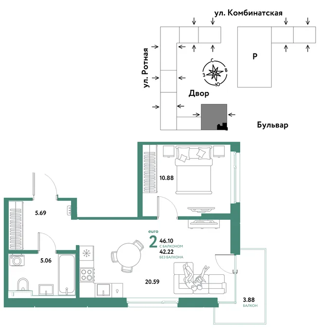 Планировка 2-комн. квартира, 46.1 м² ЖК «Уральский сад» Планировка 2-комн. квартира, 46.1 м² ЖК «Уральский сад»