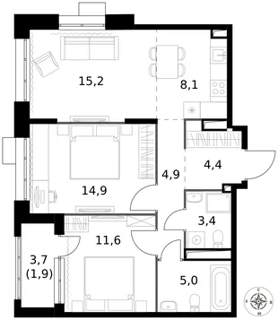 Квартира 3-комн. квартира, 69.4 м² ЖК «1-й Саларьевский» Фото 1 Квартира 3-комн. квартира, 69.4 м² ЖК «1-й Саларьевский» Фото 1