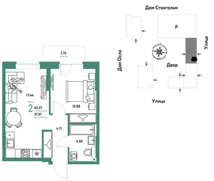 Планировка 2-комн. квартира, 40.37 м² ЖК «Европейский берег 2.0»
