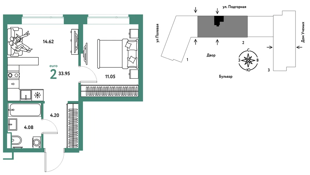 Планировка 2-комн. квартира, 34.06 м² ЖК «Авторский»