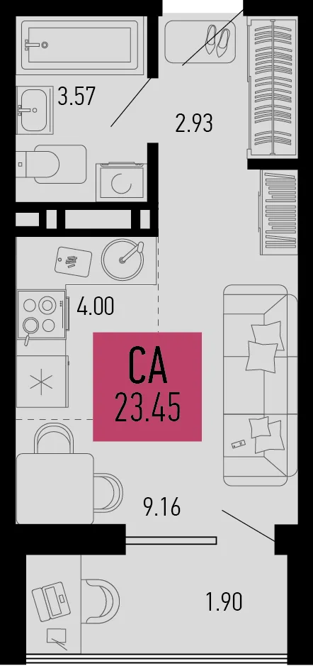 Планировка Студия, 23.45 м² ЖК «Столицыно»