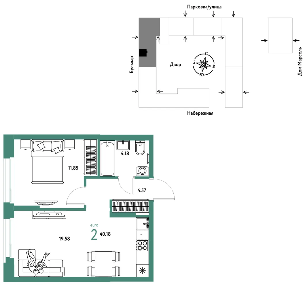 Планировка 2-комн. квартира, 40.18 м² ЖК «Европейский берег 2.0»