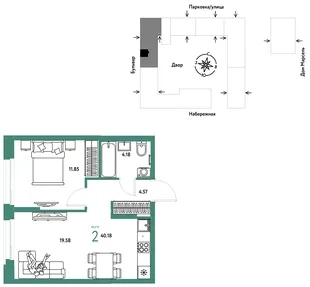 Планировка 2-комн. квартира, 40.18 м² ЖК «Европейский берег 2.0»