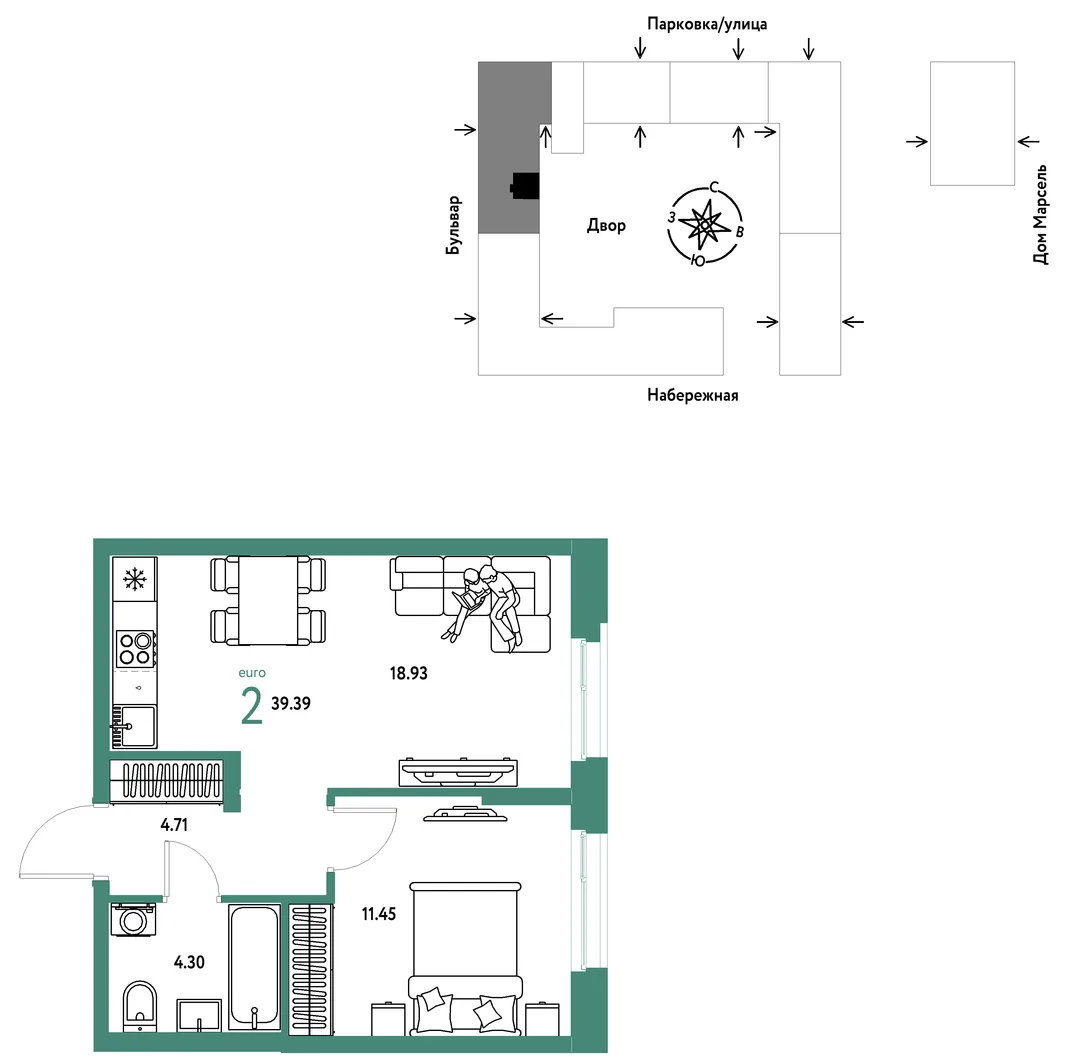Планировка 2-комн. квартира, 39.39 м² ЖК «Европейский берег 2.0»