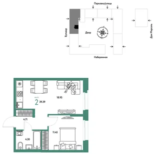 Планировка 2-комн. квартира, 39.39 м² ЖК «Европейский берег 2.0»