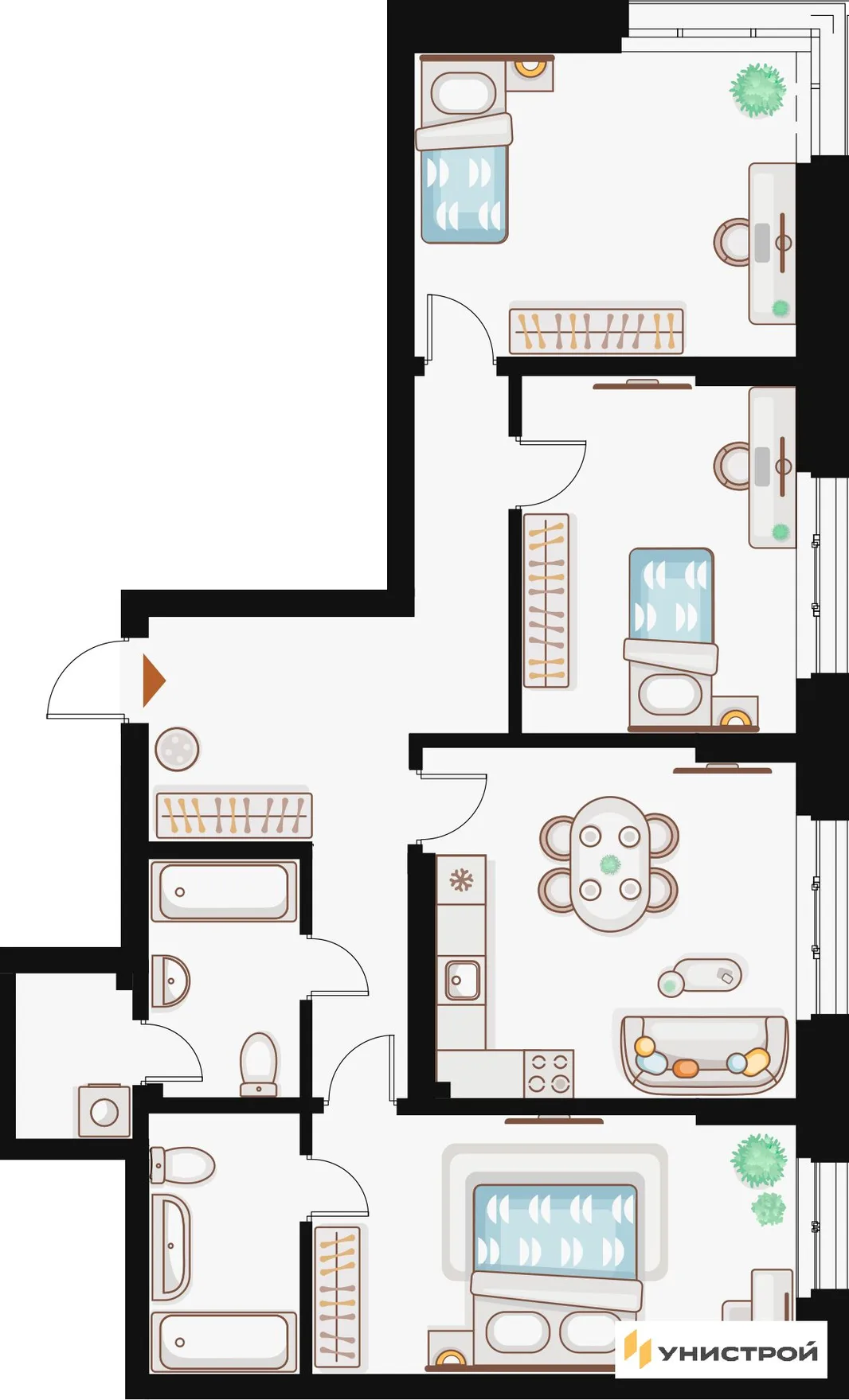 Планировка 3-комн. квартира, 95.87 м² ЖК «Жилой кластер Q на Кулагина»
