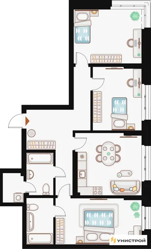Планировка 3-комн. квартира, 95.87 м² ЖК «Жилой кластер Q на Кулагина»