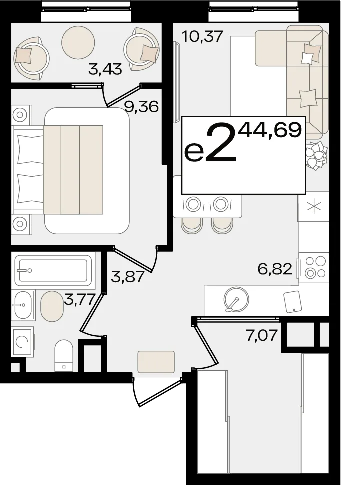 Планировка 2-комн. квартира, 44.69 м² ЖК «Патрики»