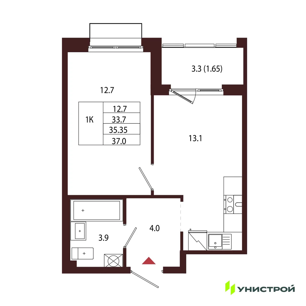 Планировка 1-комн. квартира, 35.35 м² ЖК «Лисино»