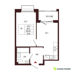 Планировка 1-комн. квартира, 35.35 м² ЖК «Лисино»