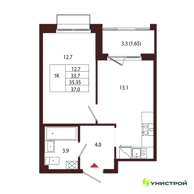 Планировка 1-комн. квартира, 35.35 м² ЖК «Лисино» Планировка 1-комн. квартира, 35.35 м² ЖК «Лисино»