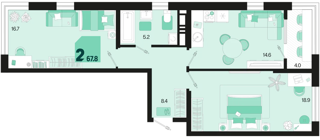 Планировка 2-комн. квартира, 67.8 м² ЖК «Первое место»