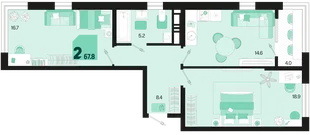 Планировка 2-комн. квартира, 67.8 м² ЖК «Первое место»