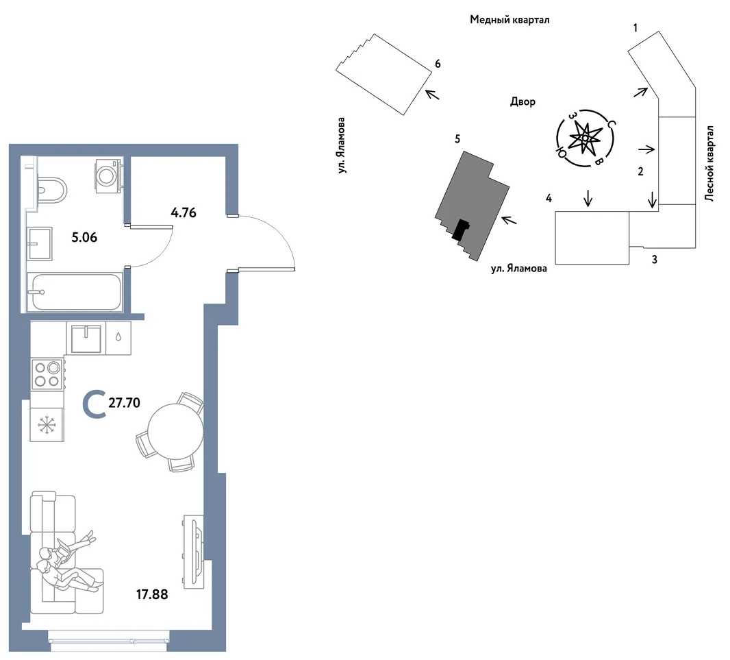 Планировка Студия, 27.7 м² ЖК «Сибирский сад»
