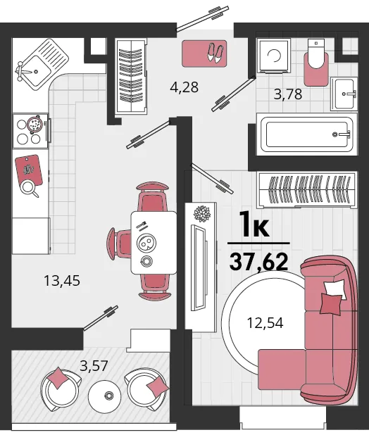 Планировка 1-комн. квартира, 37.62 м² ЖК «Родные просторы»