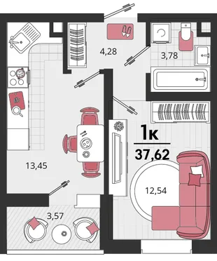 Планировка 1-комн. квартира, 37.62 м² ЖК «Родные просторы»