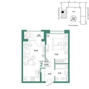 Планировка 2-комн. квартира, 36.52 м² ЖК «Микрорайон Домашний»