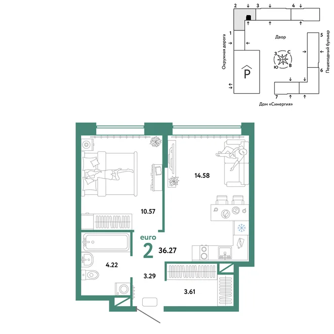 Планировка 2-комн. квартира, 36.27 м² ЖК «Юнион» Планировка 2-комн. квартира, 36.27 м² ЖК «Юнион»