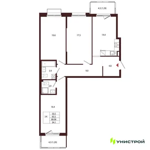 Планировка 3-комн. квартира, 88.08 м² ЖК «Лисино»