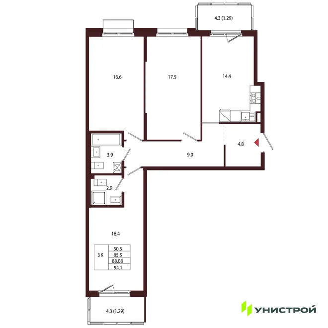 Планировка 3-комн. квартира, 88.08 м² ЖК «Лисино» Планировка 3-комн. квартира, 88.08 м² ЖК «Лисино»