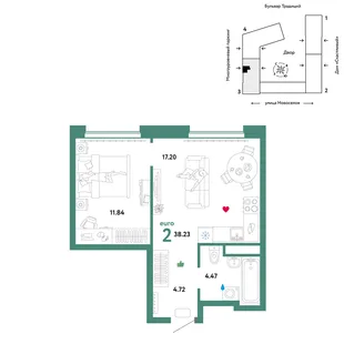 Планировка 2-комн. квартира, 38.23 м² ЖК «Микрорайон Домашний»